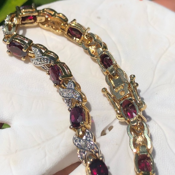 Sterling Natural Garnet Diamond Cut Crossover Vermeil Gold Tennis Bracelet - Picture 10 of 13